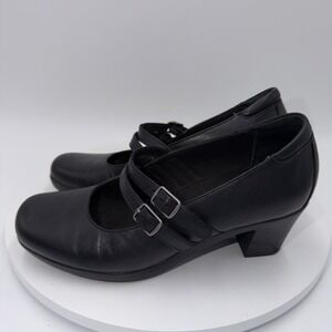 Clarks Women's Black Leather Double Strap Mary Jane Heels Size 6.5M
